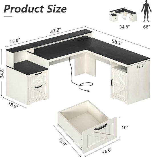 YOMILUVE 63" Farmhouse L Shaped Executive Desk with Drawers & Storage Shelf, Corner Computer Desk with Power Outlets, L Shaped Office Desk with Monitor Stand, Printer Shelf, Black and White