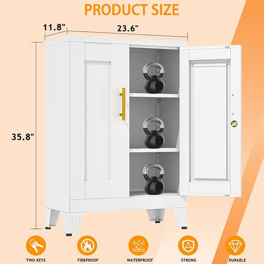 36 Inch Locking Storage Cabinet, 11.8" D x 23.6" W x 35.4" H, Metal Cabinet with 2 Adjustable Shelves, Heavy-Duty Steel Garage Storage Cabinet for Home, Office, Basement, White