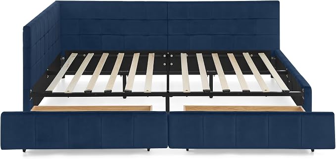 Full Size Corner Bed Frame with Storage Drawers, Comfortable Backrest and Armrests, Velvet Tufted Corner Bed Frame Full Size, Upholstered Daybed for Bedroom, Living Room, Guest Room, Dark Blue