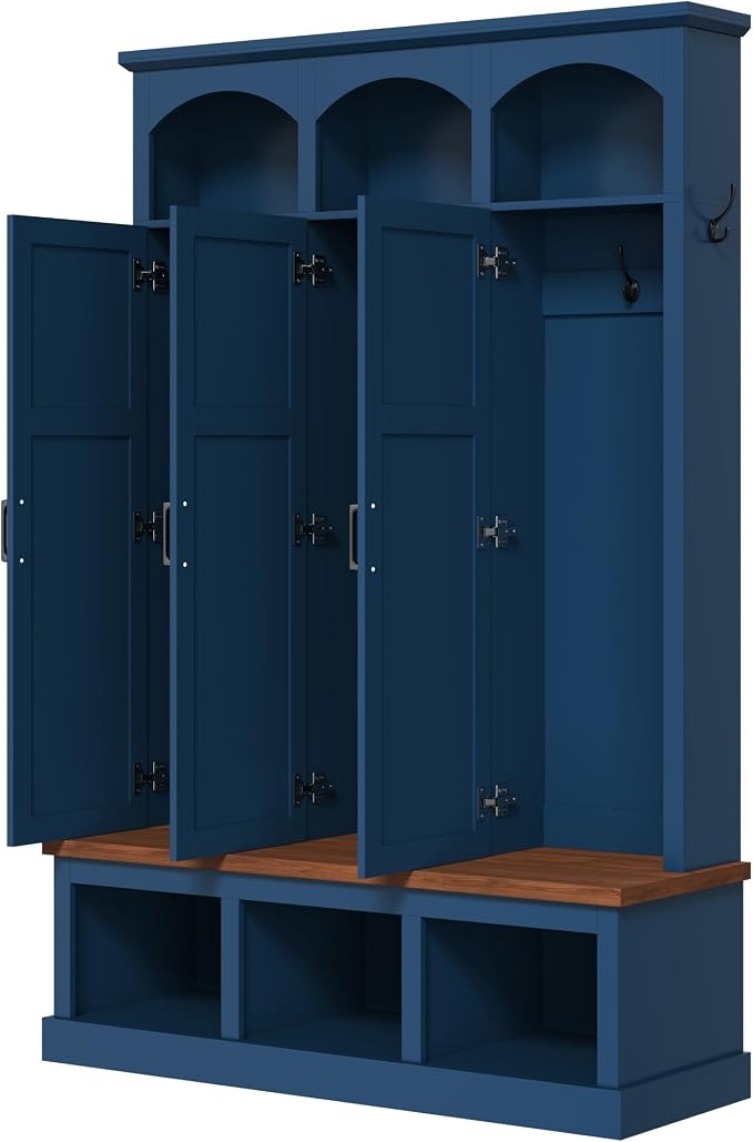 Merax Classic Arched Hall Tree with 3 Hidden Storage, Farmhouse Mudroom Bench with 5 Hooks, Mid-Century Entryway Organizer for Shoes, Blue