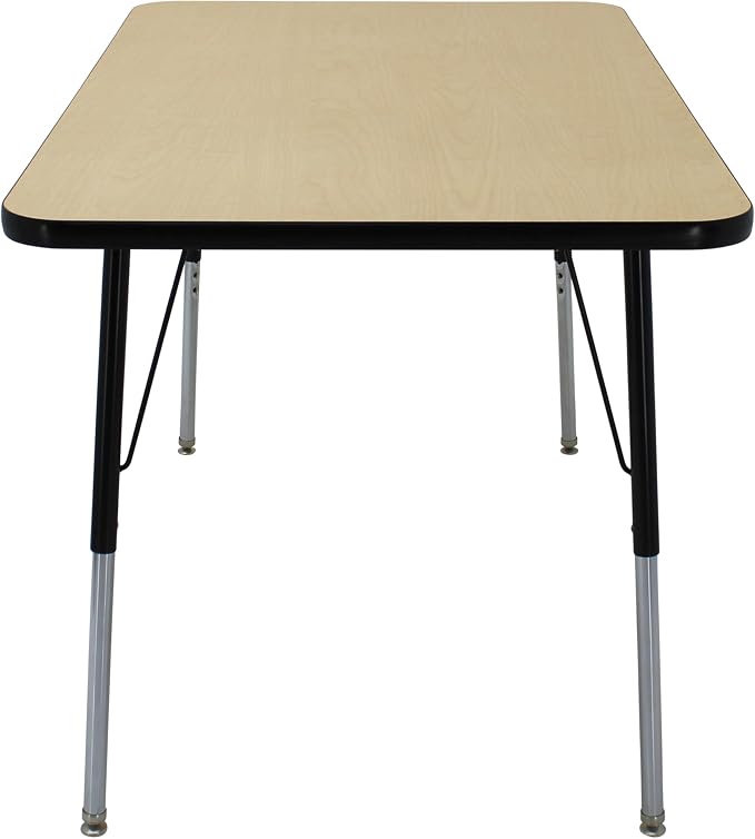 FDP Rectangle Activity School and Office Table (30 x 48 inch), Standard Legs with Swivel Glides, Adjustable Height 19-30 inches; Quick Ship Single Box - Maple Top and Black Edge