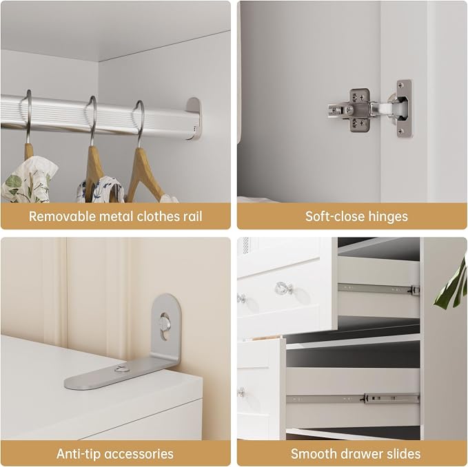VOWNER Armoire Wardrobe Closet with Drawers and Mirror, 71" Clothing Storage Cabinet with Hanging Rod, 2 Doors Wooden Wardrobe Cabinet for Bedroom, Large Capacity Storage