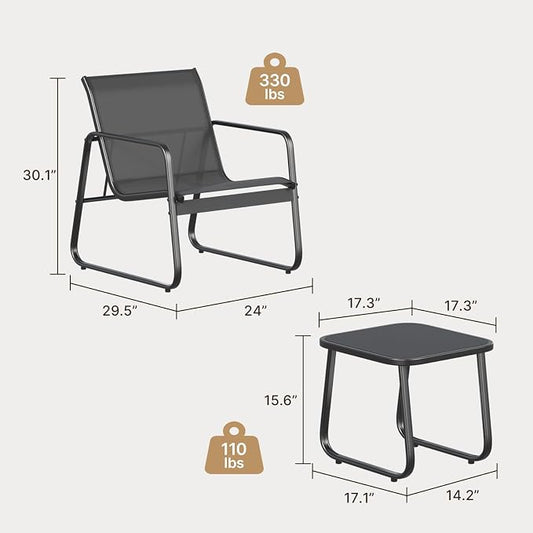 Gizoon Patio Chairs Set of 2, Patio Bistro Set 3PCS, Outdoor Patio Furniture Set with Rust-Resistant Metal Frame, 330LBS Capacity,for Balcony/Lawn/Patio/Pool, RCS Certified Recycled Material, Black