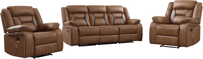 EBELLO Faux Leather Recliner Sofa Furniture Set for Living Room, 2 Recliner Chairs, 3 Seat Reclining Sofa Couch Set for Meeting Room, Brown