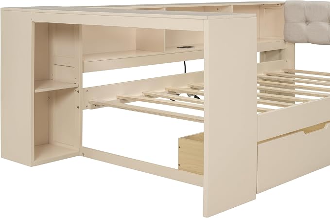 Bellemave Twin Size Corner Bed Frame with Storage Drawers and Desk,Captain Daybed with L-Shaped Bookcase,Corner Bed Frame Twin Size with Charging Station for Kids,Teens,Guests,Cream