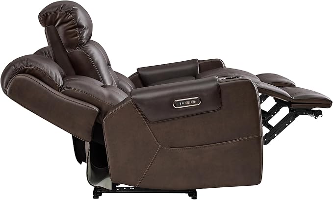 Watson & Whitely Genuine Leather Power Loveseat Recliner Sofa, Lay Flat Reclining Sofa with Console, Power Headrest, Cup Holders & Wireless Charging, Dual Recliner for Living Room, Dark Brown