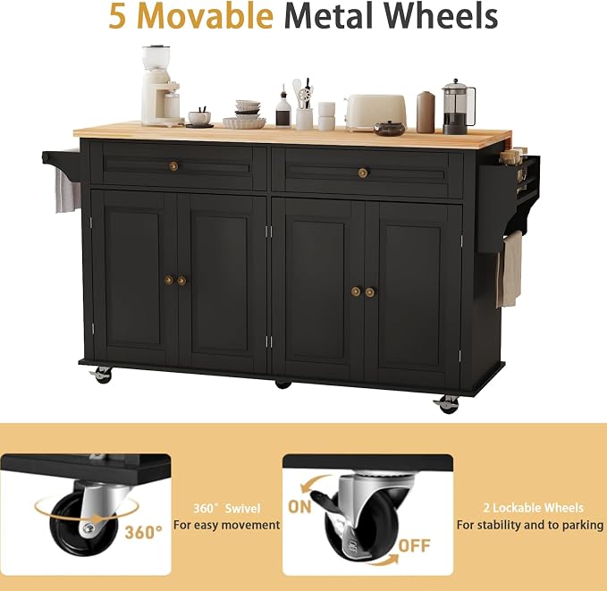 JassmiPkwy 67’’ Movable Kitchen Island with Drop Leaf and Power Outlet, Lockable Sliding Countertop Rolling Island Cart with 2 Large Drawers, Spice, Towel Rack,Black