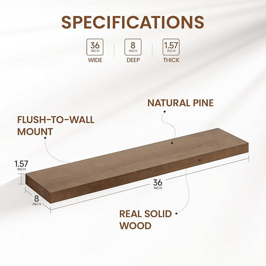 Heimlove Solid Wood Floating Shelves 36 inch, 8 Inch Deep Display Shelves Set of 2, Wall Mounted Floating Shelf with Invisible Brackets for Bathroom Bedroom Kitchen Living Room - American Walnut