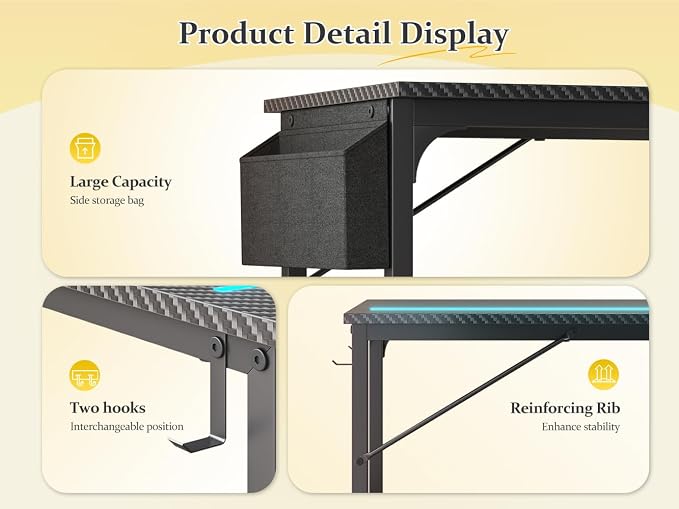 DurayLoly 48" Gaming Desk with Waterproof LED Lights, Carbon Fiber Desktop for Small Spaces | Home Office Study Computer Desk with Storage Bag & Headphone Hook, Black