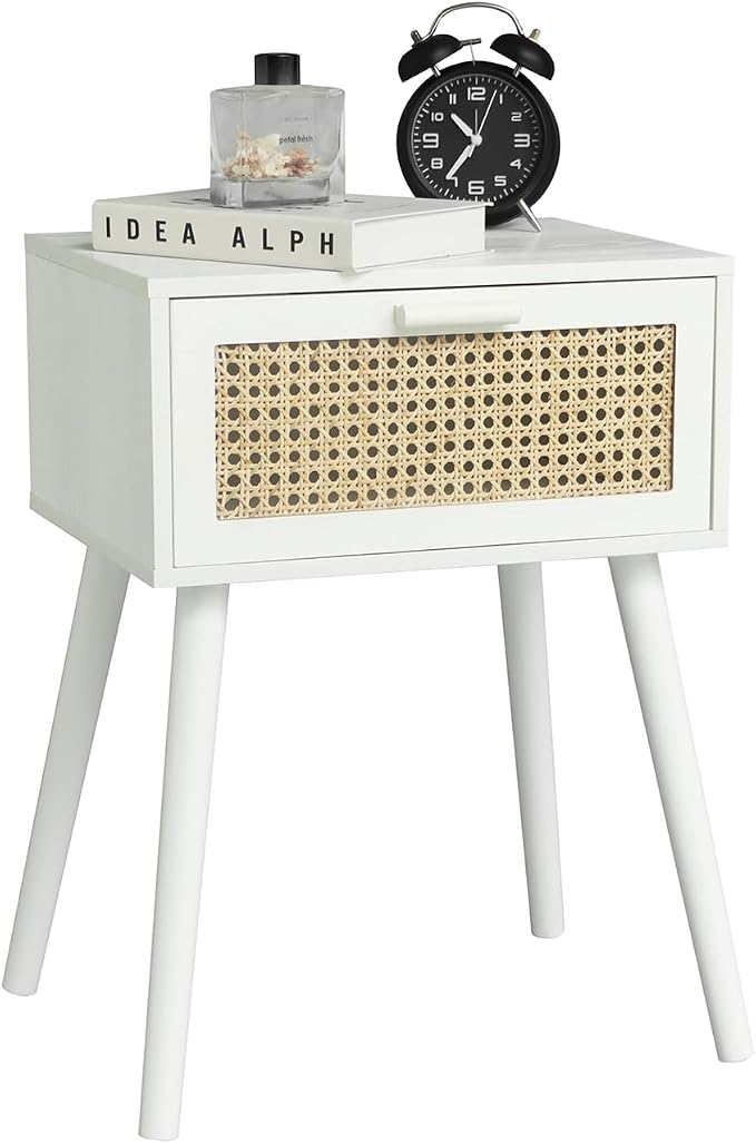 AWASEN White Rattan Nightstand, Modern Bedside Table with Rattan Drawer, End Table with Storage and Solid Wood Legs for Bedroom Living Room Small Space (White)