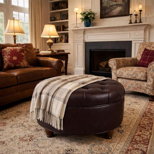 HomePop 25" Button Tufted Round Storage Ottoman - Distressed Brown Faux Leather