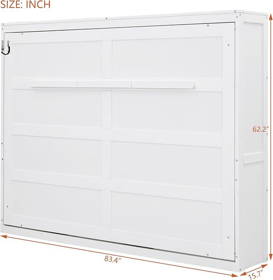 Merax Modern Farmhouse Solid Wood Murphy Bed Chest, Wall Bed with Wood Slat Support/No Box Spring Needed/Space Saving/Full,White