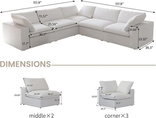 Cloud Couch Modular Sectional Sofa,160.6" Down Filled Convertible Sectional Sofa for Living Room, 5 Seater Modern V-Shaped Couch, Covers Removable & Washable, Khaki