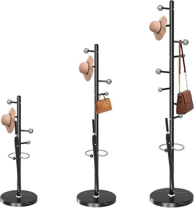 Modern Metal Coat Rack Stand, Coat Rack Freestanding with Natural Marble Base, Sturdy Heavy Duty Coat Racks with 8 Hooks, Black Coat Hall Tree Stand for Entryway, Office