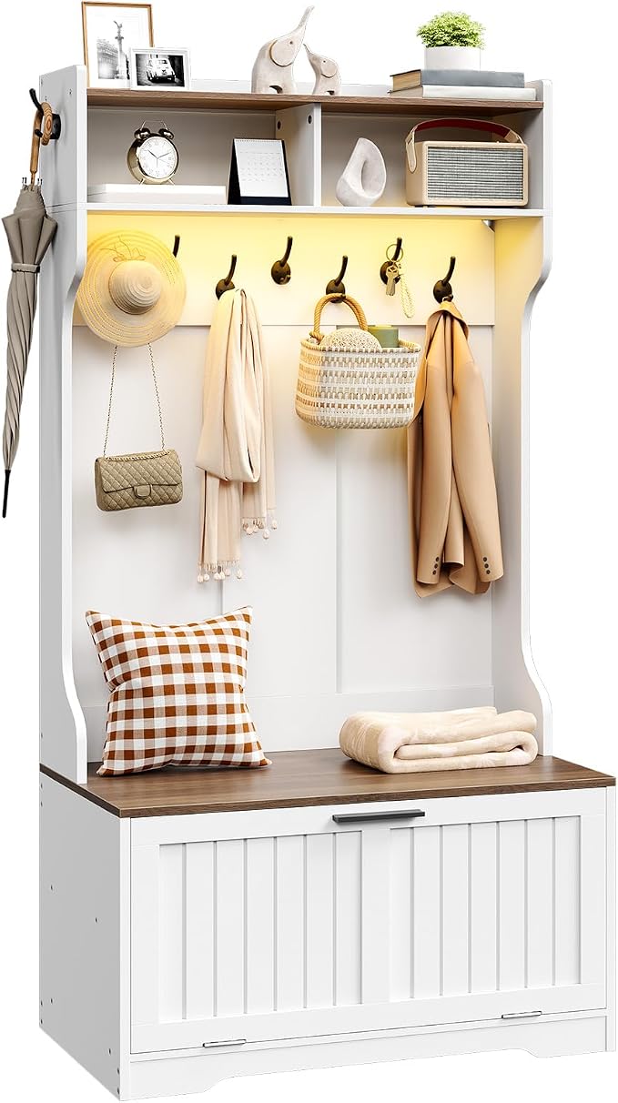 HOOBRO Hall Tree with Bench, 15.7''W Entryway Bench with Coat Rack, Shoe Cabinet with Flip Drawer, LED Hall Tree with 9 Hooks and 2 Open Compartments, Wooden, for Hallway, White and Walnut WH86DMT01