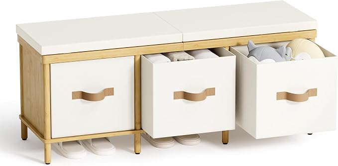 Storage Bench, 43.3" Bamboo Storage Chest with 3 Drawers, Entryway Bench with Cushioned Seat, End of Bed Bench with Storage Toy Box, Toy Chest Storage Bench for Entryway, Living Room, Bedroom