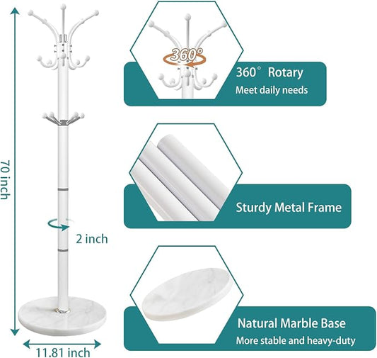 OIRUMIE Coat Rack with Natural Marble Base, Metal Freestanding Coat Racks with 14 Hooks, 360°Rotary Coat Rack Stand for Hanging Scarf, Bag, Jacket, White Coat Clothes Tree Hanger Holder Stand