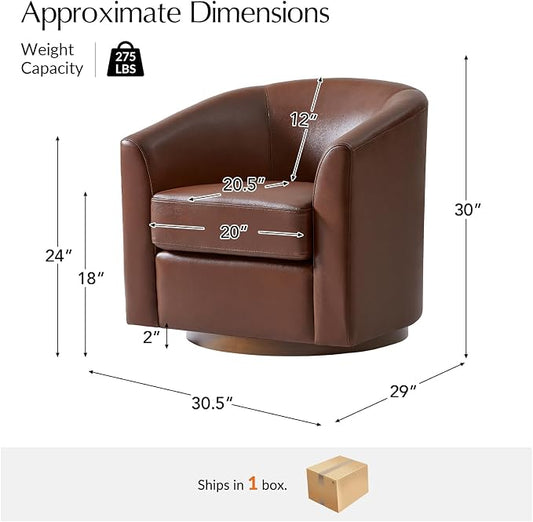 HULALA HOME Genuine Leather Swivel Barrel Chair, Round Swivel Accent Chair with Solid Wood Base, No Assembly Required, Brown