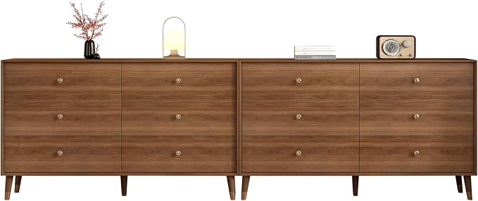 6 Drawer Dresser For Bedroom, 2 PCS 47 Inch Dresser for Closet with Walnut Frame, Modern Wood Chest of Drawers with Natural Texture & Pre-Embedded Slots For TV Stand, Living Room, Hallway, Office