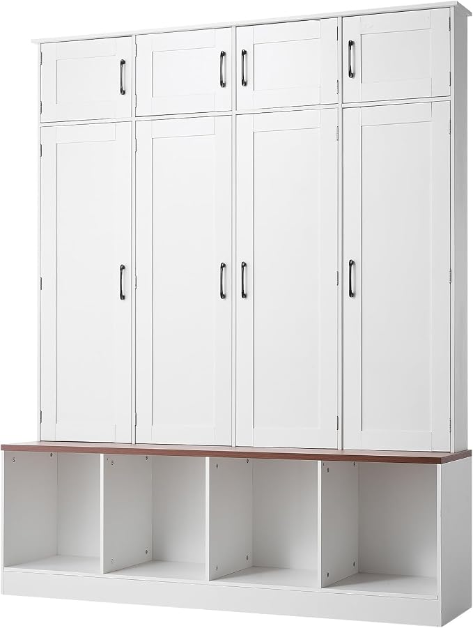 VEVOR Hall Tree with Bench and Shoe Storage, 59" Wide, 4-in-1 Entryway Hall Tree with Bench, Hanging Hooks, Storage Cabinet, and Shoe Cabinet, Wooden Furniture for Mudroom, Entryway, Hallway, White