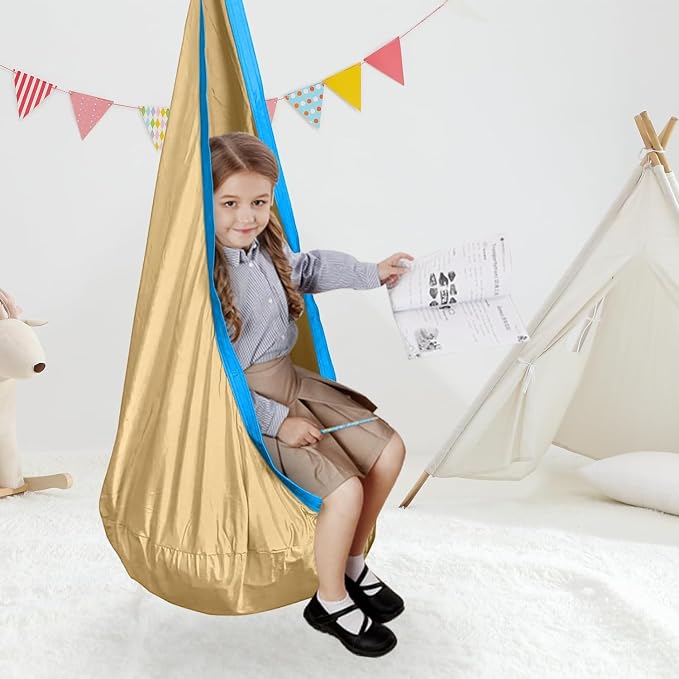 Kids Swing Seat Hammock Chair Indoor Outdoor Hanging Chair for Children,Soft & Safe with High Weight Capacity, Easy Install Perfect for Bedroom, Garden, Playroom (Khaki)