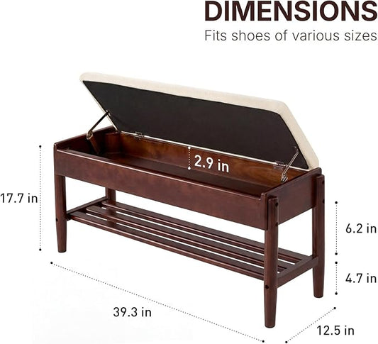 YEPDIN 39.3" Solid Wood Shoe Rack Bench with Flip-Top Storage,2 Tier Shoe Rack Bench with Chenille Cushion,for Entryway, Hallway,Living Room, Bedroom, Closet