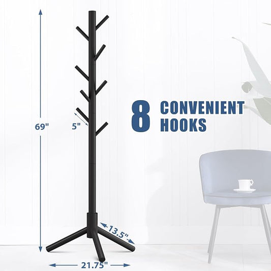 Haddockway Wooden Coat Rack Stand with 8 Hooks New Zealand Pine 3 Adjustable Coat Standing Tree Easy Assembly for Coats, Hats, Scarves and Handbags for Entryway, Hallway, Bedroom, Office