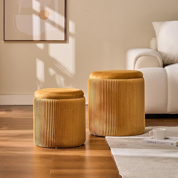 BLEXA Round Set of 2 Ottoman with Storage-Upholstered Velvet Vanity Stool for Makeup Multifunctional Ottomans Coffee Table Padded Seat Foot Rest for Living Room&Bedroom (Yellow)