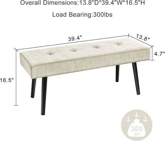 Comfy to go Entryway Bench - Beige Bench for Bedroom, Modern Ottoman End of Bed, Corduroy Padded Benches for Living Room, Foyer, Mudroom, Hallway - 39" L x 14" W x 17" H