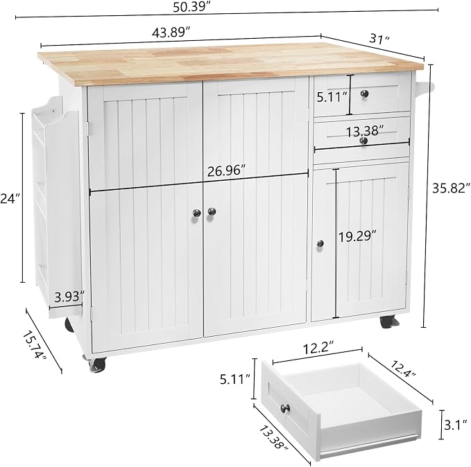 HLR Kitchen Island with Storage, White Rolling Kitchen Island on Wheels with Drop-Leaf Bar Countertop, Island Table for Kitchen with Side Open Spice Rack and Tower Rack, Extra Storage for Kitchen