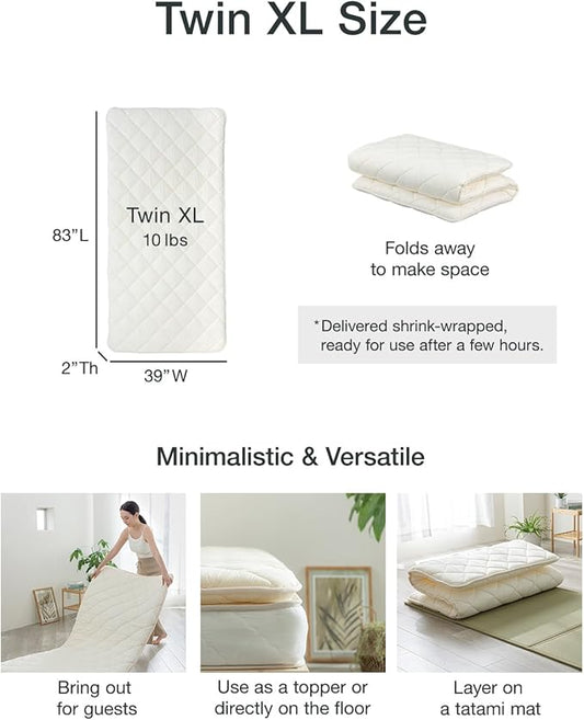 FULI Japanese Futon, Twin XL Size, White - Foldable Shikibuton Floor Bed - Medium Firm Quilted Cotton Sleeping Pad, Portable Roll-Up Japanese Floor Bed for Guests & Small Spaces