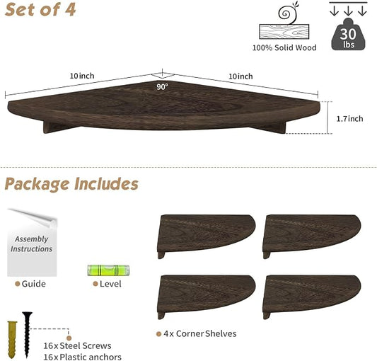Forbena Floating Corner Shelves for Wall Set of 4, Small Corner Bookshelf for Bedroom Books, Round Wooden Corner Shelf Wall Mount for Bathroom Plants, Kitchen, Living Room Decor (Dark Brown)