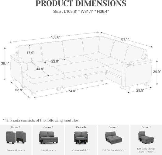 Belffin Sleeper Sofa Modular Sectional Pull Out Couch Bed U Shaped Sofa Couch for Living Room with Storage Chaise. Light Gery