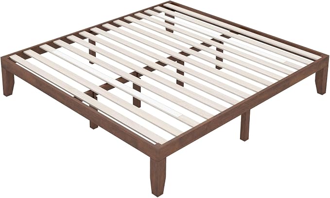 COSTWAY Wood Platform Bed Frame, 14 Inches Solid Rubber Wood Bed Mattress Foundation with Sturdy Slats Support, Easy Assembly Bed Frame for Home Hotel, No Box Spring Needed (Walnut, King)