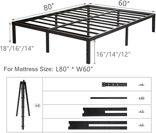 Wulanos Queen Size Bed Frame with Steel Slats Support, Sturdy and Durable, No Box Spring Needed, 16 Inch High 3500lbs Heavy Duty Metal Platform Frames with Storage, Noise-Free, Black