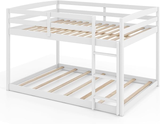 KOMFOTT Low Bunk Bed Full Over Full, Solid Wood Full Bed Frame with Built-in Ladder & Safety Guardrails, Teens, No Box Spring Needed, Space-Saving Low Bunk Bed for Kids