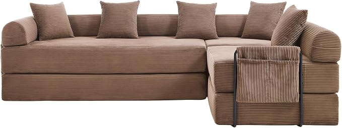 106" Oversized Convertible Sleeper Sofa Bed, Corduroy L Shape Sectional Couch, Folding Sofa Bed with Side Pocket, Modern Cloud Floor Mattress Couch, Modular Sofa for Living Room, Brown
