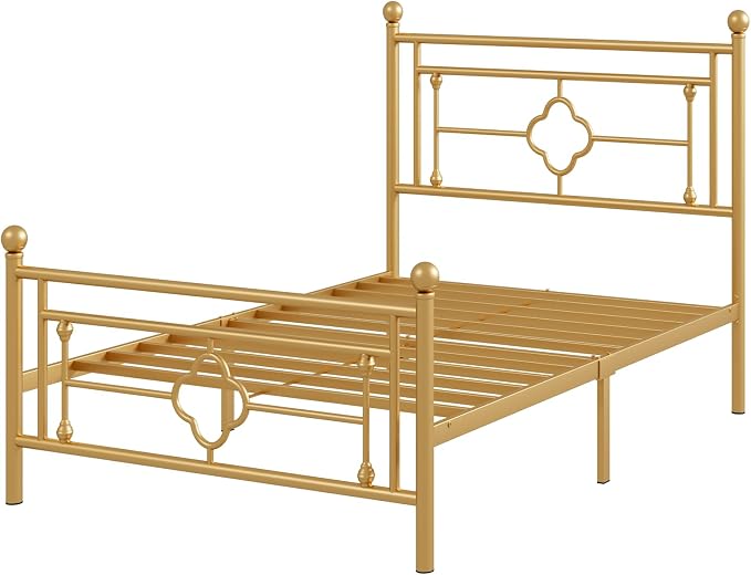 Allewie Twin Size Metal Platform Bed Frame with Victorian Vintage Headboard and Footboard/Mattress Foundation/Under Bed Storage/No Box Spring Needed/Noise-Free/Easy Assembly, Gold