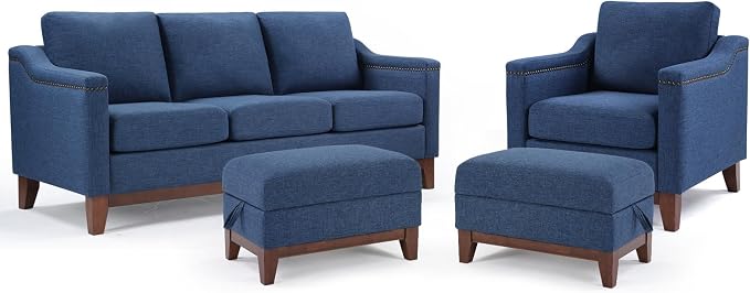 HAOMARKETS 4 Piece Fabric Sofa Set with Nailhead Trim, Included Single Accent Chair, 3-Seater Sofa Couches with Thicked Cushion and 2 Storage Ottoman with Flip-Top Table for Living Room, Blue