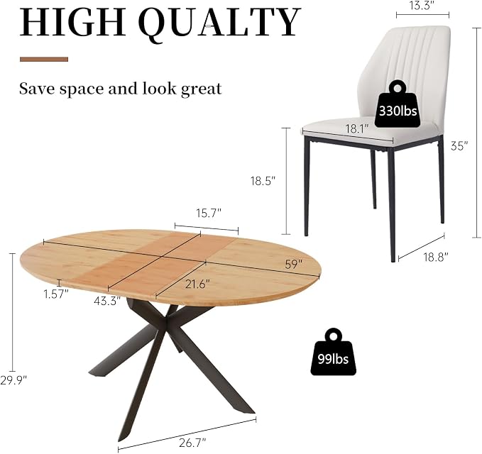 HIPIHOM 43.2"-59.1" Extendable Round Kitchen Table with 4 PU Leather Chair | Mid century modern oak finish, sturdy MDF, space saving design, for 4-6 person, dining & coffee use