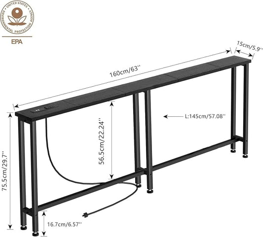 Keelian 63" Sofa Table Narrow Long with Power Outlets & 2 USB Ports, Metal Frame,Behind Couch Table Behind Sofa for Living Room, Hallway, Entrance- Easy Assembly, 4.9' Extension Cord Included.
