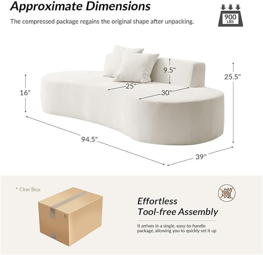 94.5" Boneless Sofa with 2 Pillows, 3 Seater Compressed Foam Sofa with Half Moon Design & Deep Seat, No Assembly Required, Modern Cloud Couch for Living Room, Ivory