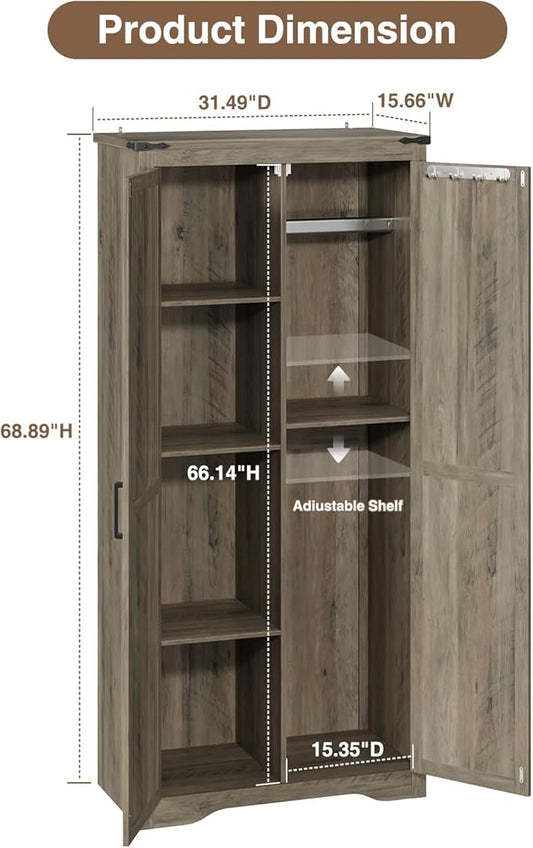 Befrases Farmhouse Rustic Grey Storage Cabinet with Adjustable Shelves, Large Pantry Organize with 2 Barn Doors, Tall Freestanding Cabinet for Kitchen, Bathroom, Garage, Living, Utility Room