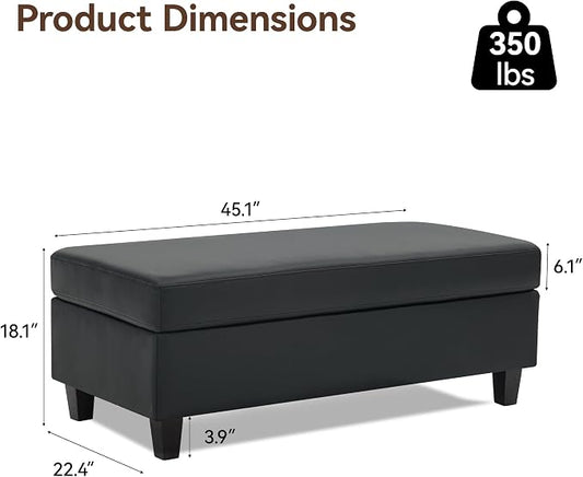 WUTUTUEE 45" Faux Leather Storage Ottoman Bench with Wooden Tray, Black Large Upholstered Foot Stool, Multifunctional Coffee Table Storage Bench with Solid Wood Legs for Living Room Bedroom Entryway
