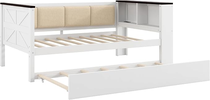 Bellemave Twin Size Corner Bed Frame with Storage Shelves and Trundle, Wood Twin Daybed with Bookcase and USB and Upholstered Backrest, White