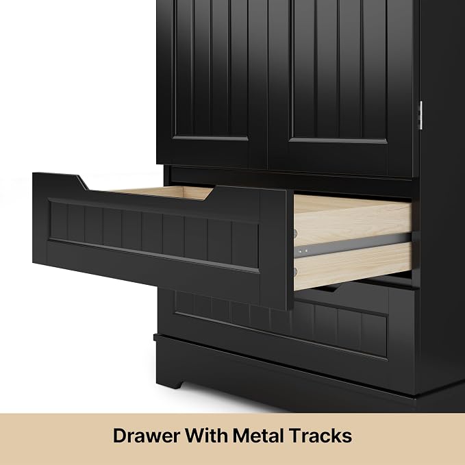 Gizoon Kitchen Pantry Cabinet with Drawers, 47" Small Food Pantry Storage Cabinet with 6 Door Shelves for Snack and Spice, Freestanding Craft Storage Cabinet for Craft Room, Black, Painted