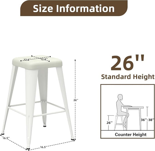 Bar Stools Set of 4, 26" Counter Height Bar Stools Backless, Upholstered Bar Stools with Metal Legs for Kitchen Island, Study Room, Cafe, White