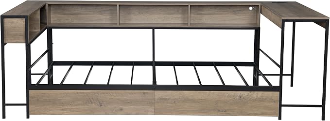 Bellemave Full Size Corner Bed Frame with Storage Drawers, Bookcase and Side Desk, Full Corner Bed with Light and Charging Station, Daybed for Bedroom, Living Room, Guest Room Gray
