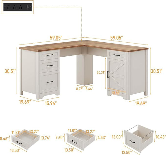 Vabches 59” L Shaped Executive Desk with Power Outlets, Farmhouse Home Office Desk with File Drawer,Storage Cabinet, Wood Corner Sturdy Writing Workstation.White