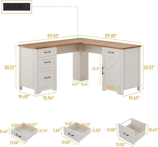 Halitaa 59” L Shaped Executive Desk with Power Outlets, Farmhouse Home Office Desk with File Drawer,Storage Cabinet, Wood Corner Sturdy Writing Workstation.White-Brown